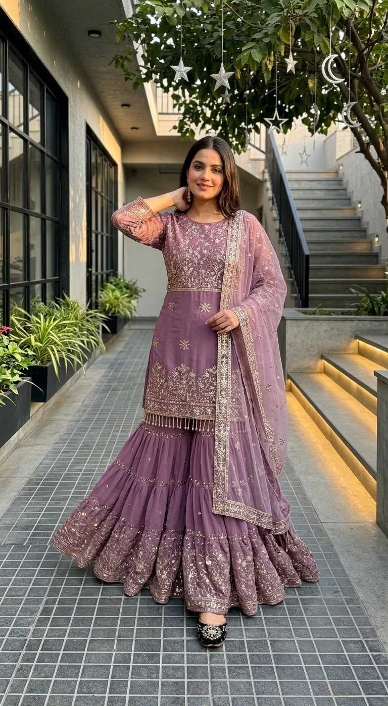 Faux Georgette Sharara Salwar Suit in Black