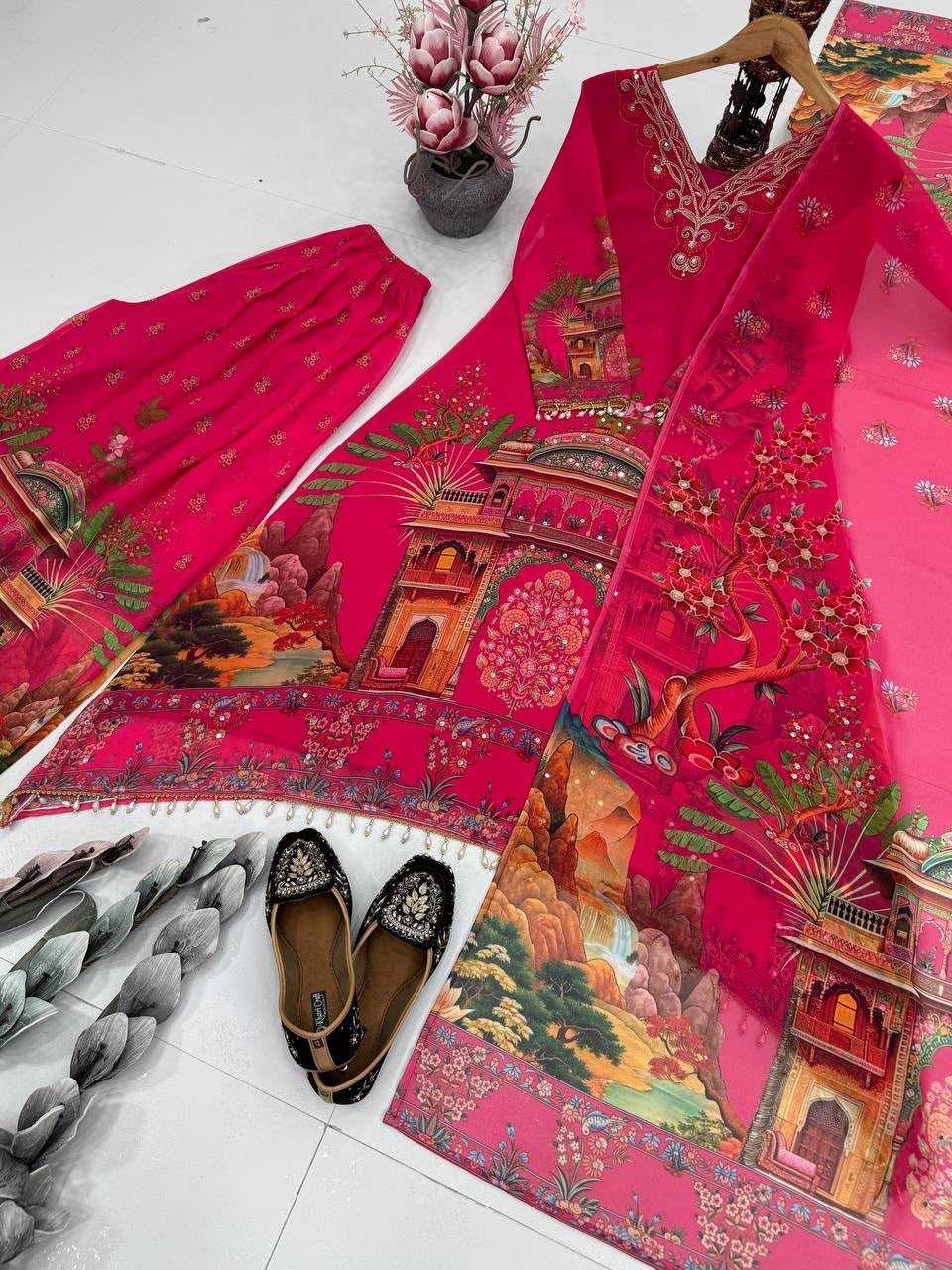 Faux Georgette Printed Suit in Red