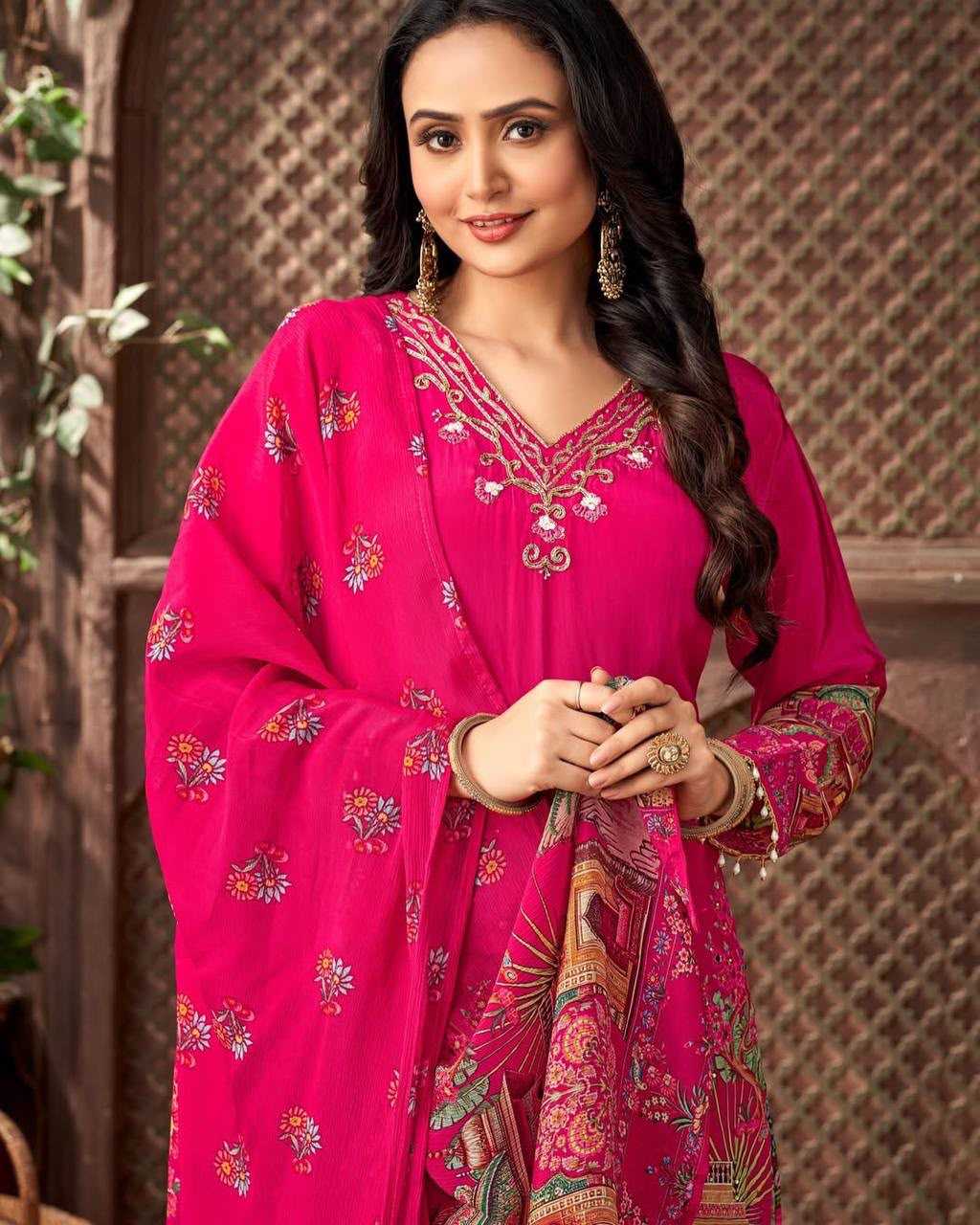 Faux Georgette Printed Suit in Red