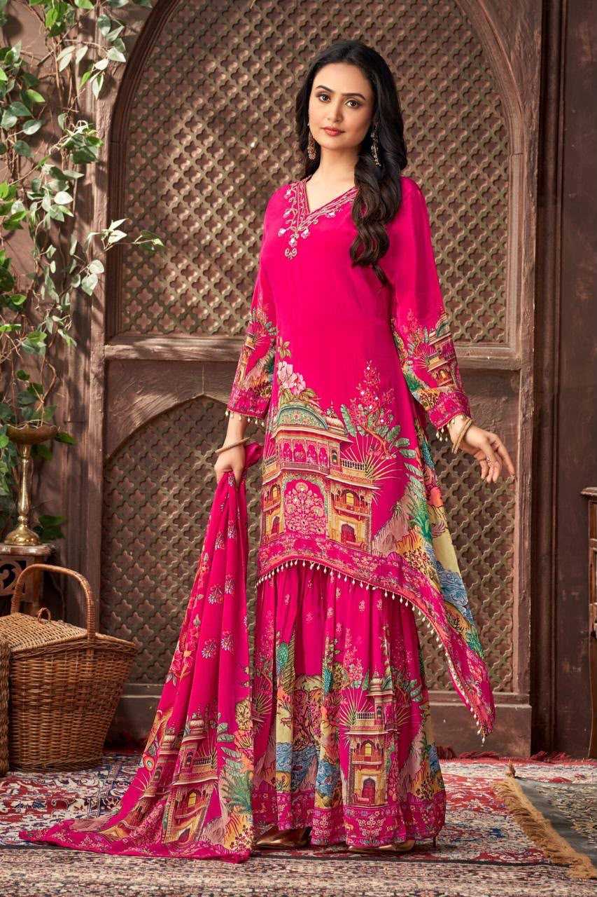 Faux Georgette Printed Suit in Red