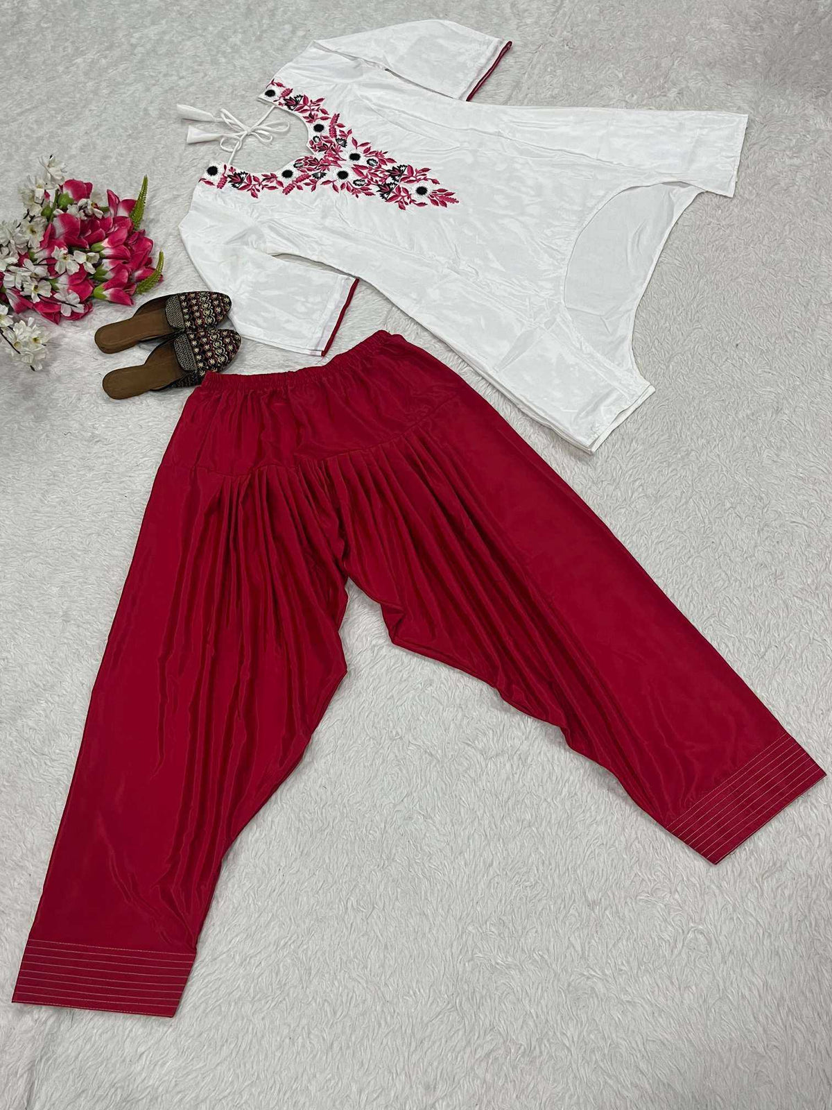 Crepe Embroidery Suit in Rani