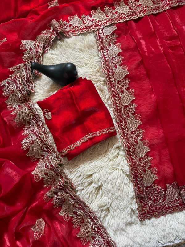 Fandy Satin Designer Saree in Red
