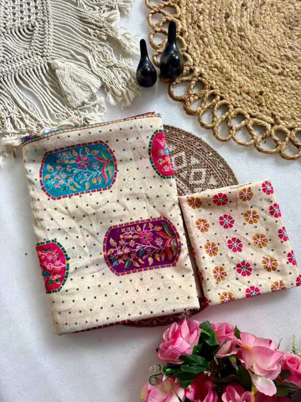 Silk Printed Saree in Off White