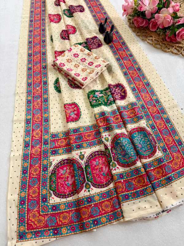 Silk Printed Saree in Off White