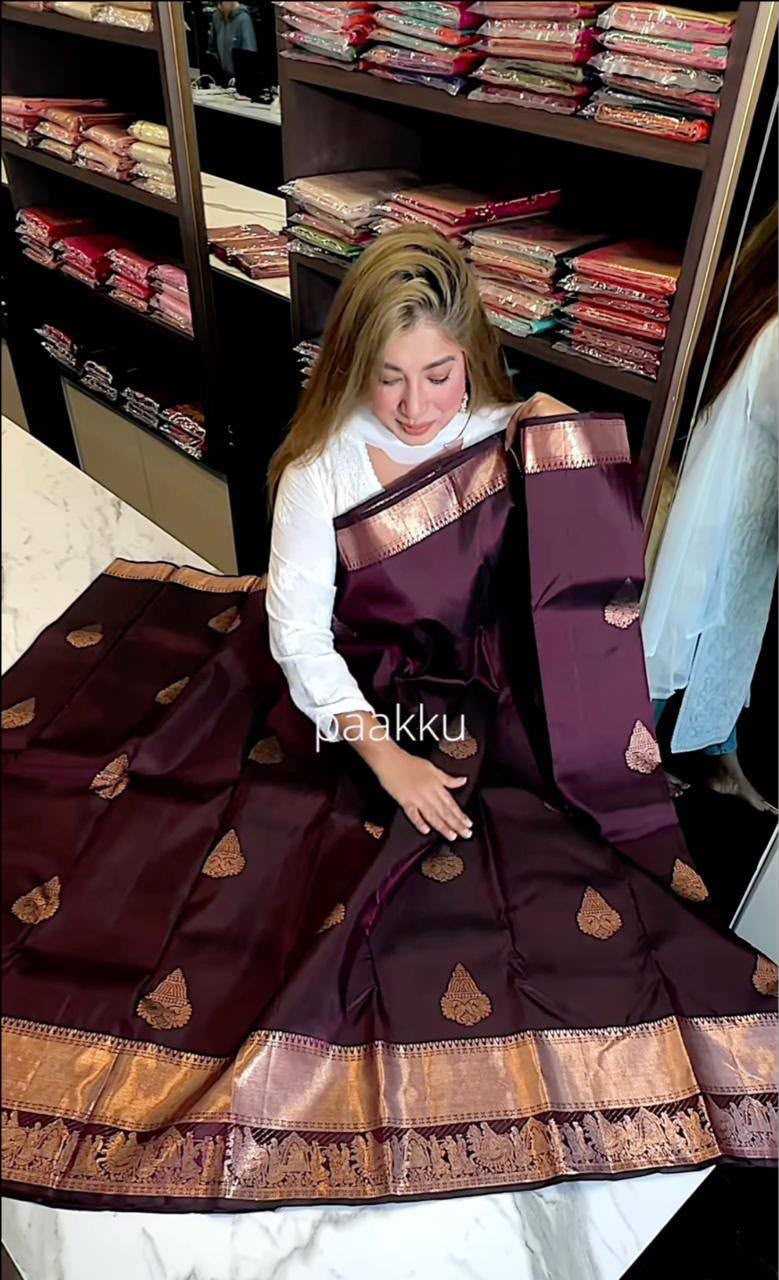 Lichi Silk Banarasi Saree in Brown