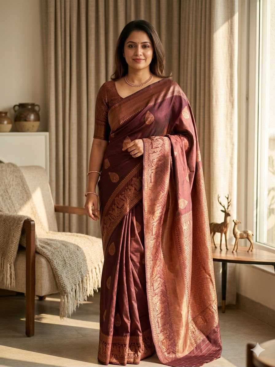 Lichi Silk Banarasi Saree in Brown