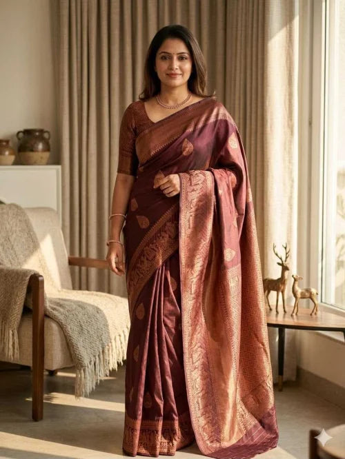 Lichi Silk Banarasi Saree in Brown