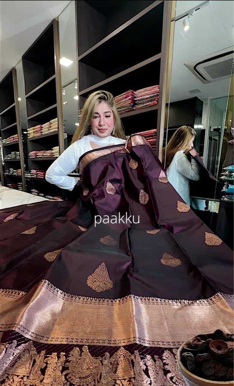 Lichi Silk Banarasi Saree in Brown