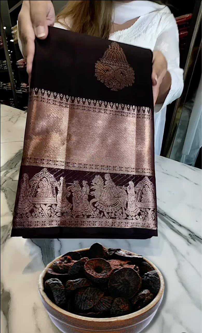 Lichi Silk Banarasi Saree in Brown