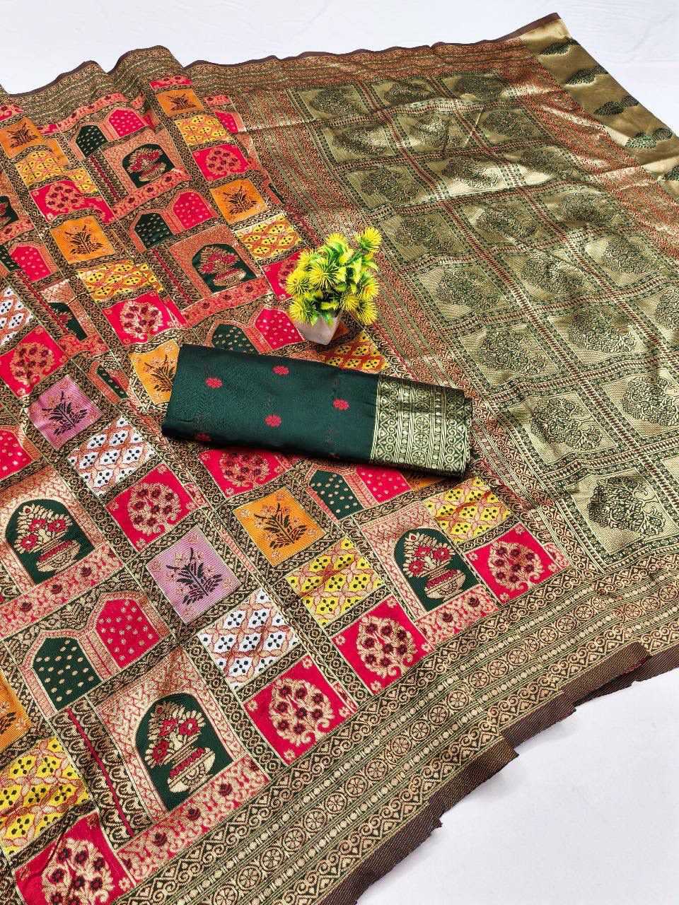 Banarasi Soft Silk Designer Saree in Bottle Green
