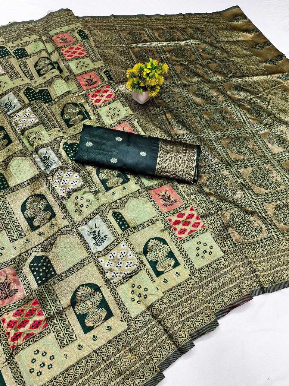 Banarasi Soft Silk Designer Saree in Bottle Green