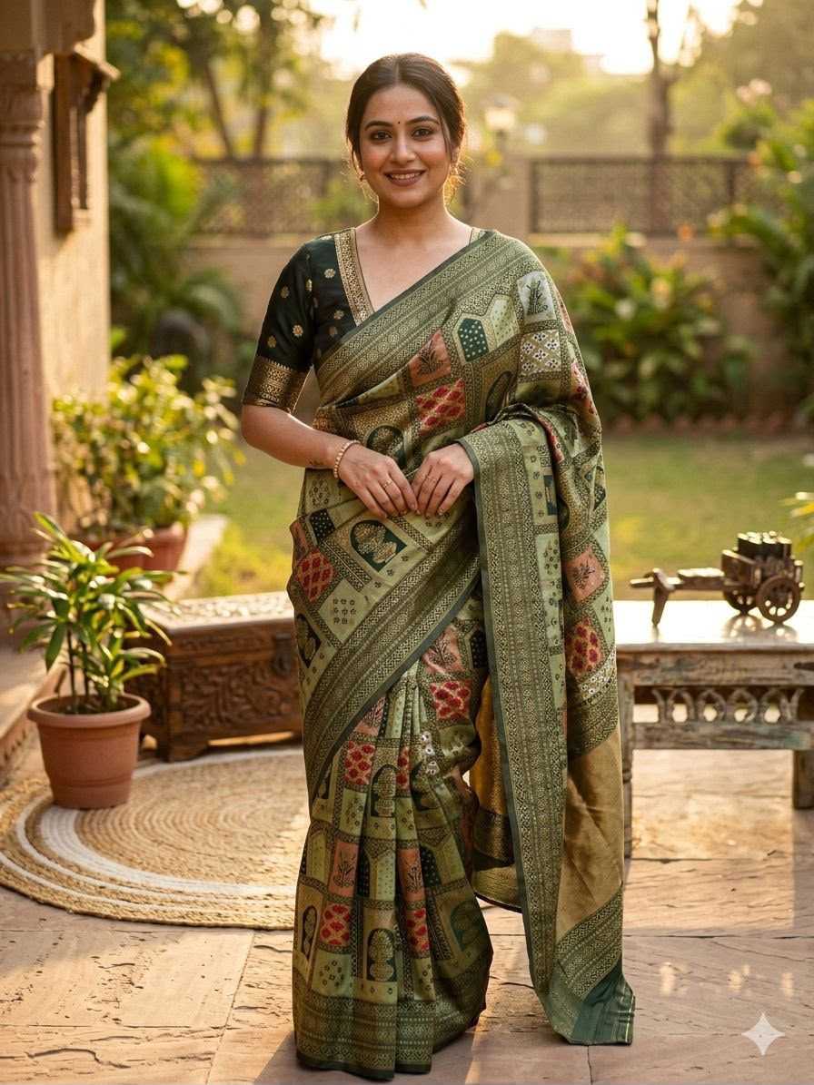 Banarasi Soft Silk Designer Saree in Bottle Green
