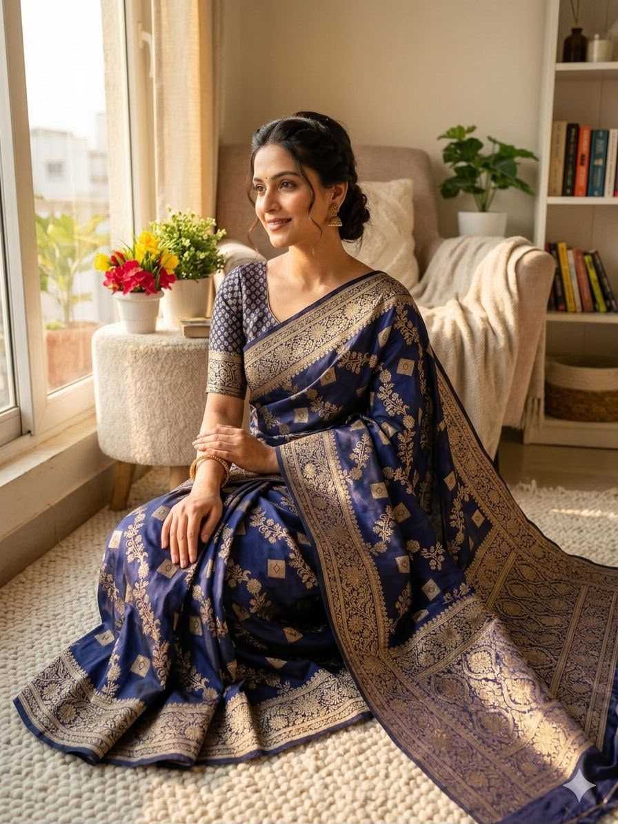 Banarasi Soft Silk Saree in Navy Blue