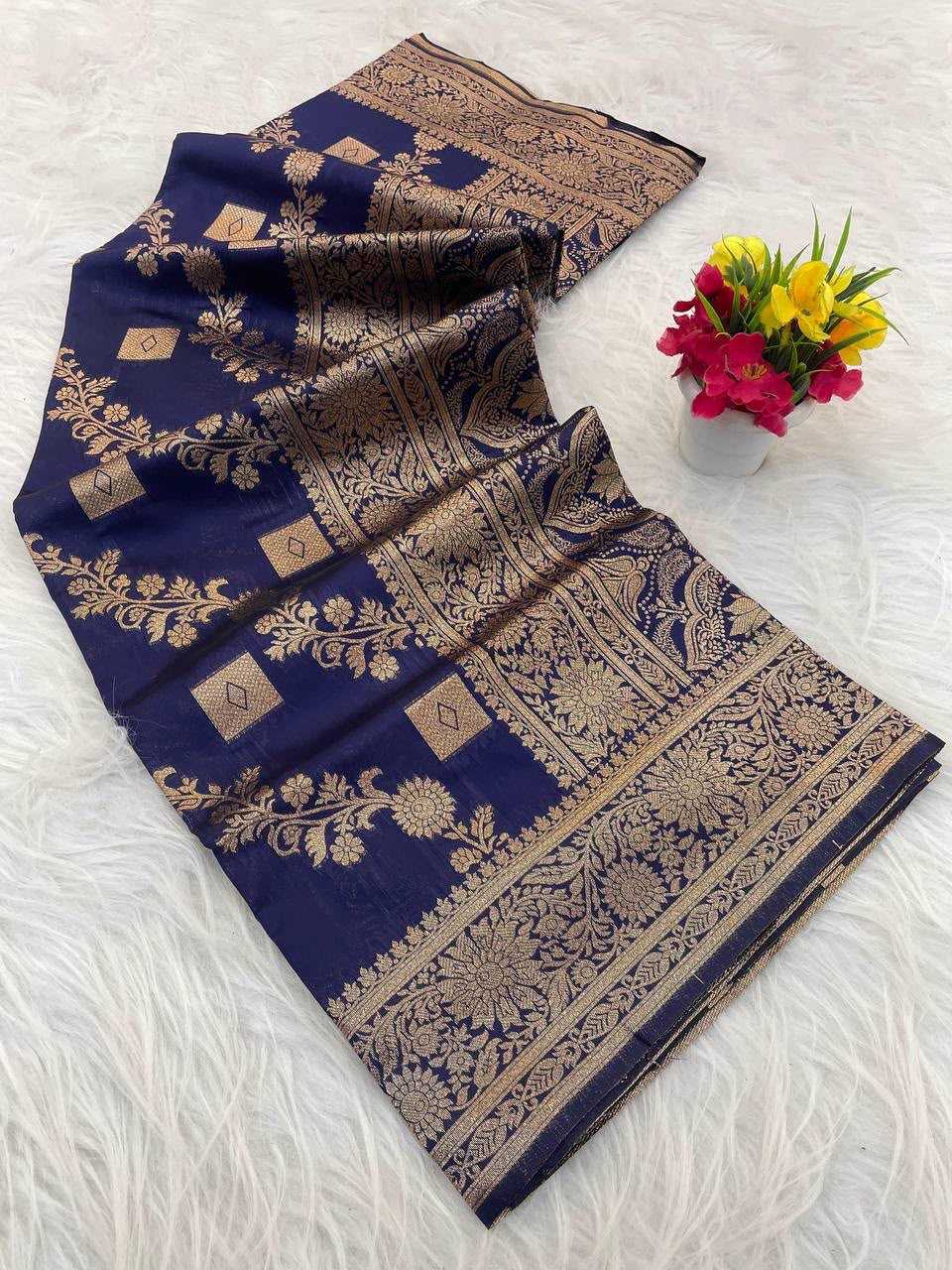 Banarasi Soft Silk Saree in Navy Blue
