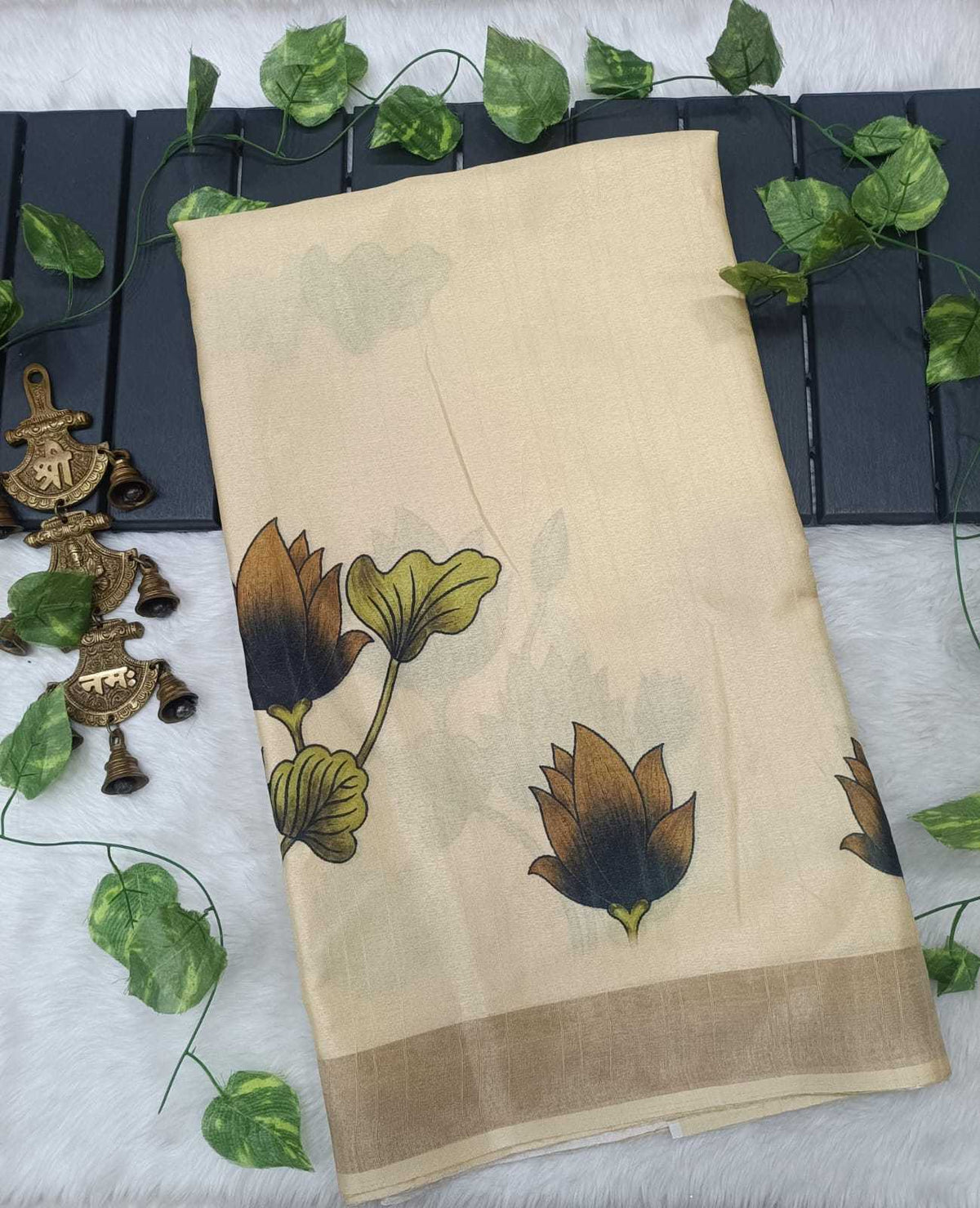 Advika Tussar Silk Printed Saree in Beige
