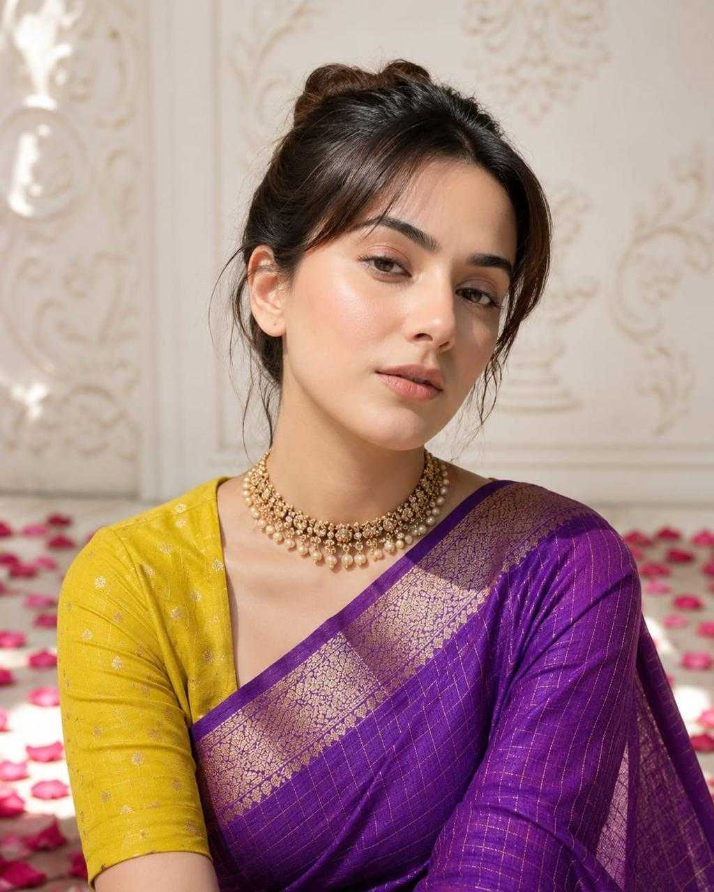 Purple Chex Dola Silk Saree in Green