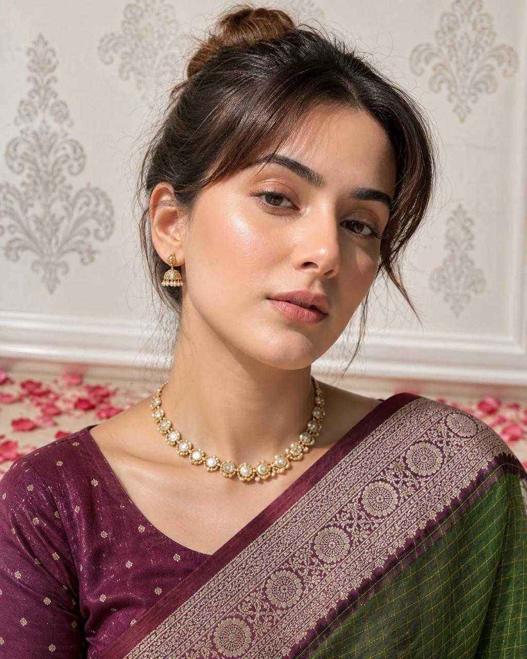 Purple Chex Dola Silk Saree in Green