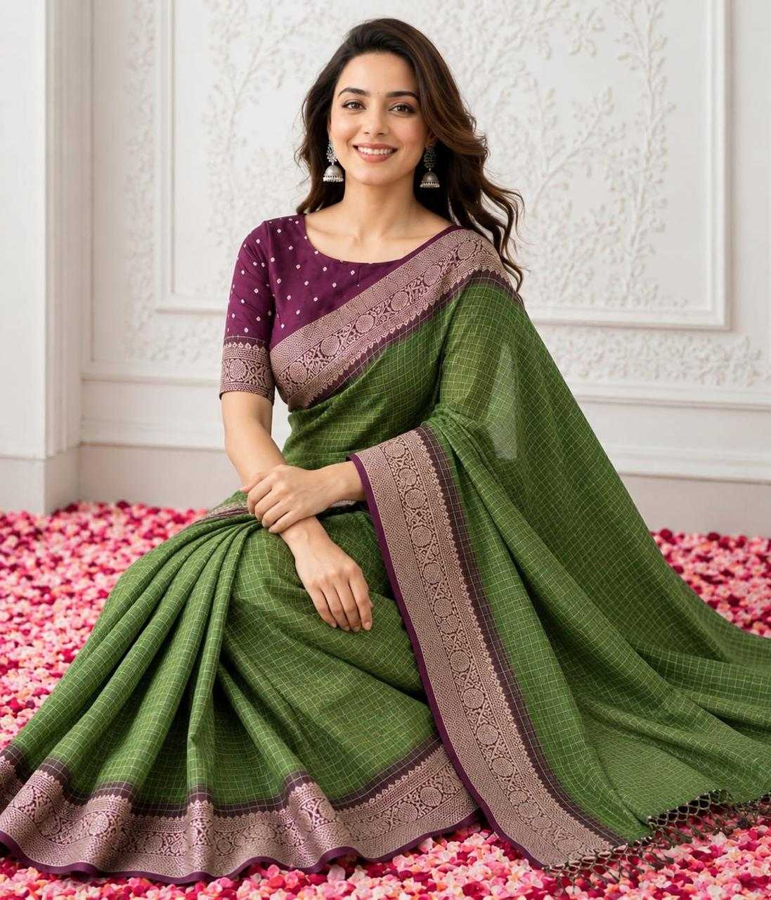 Purple Chex Dola Silk Saree in Green