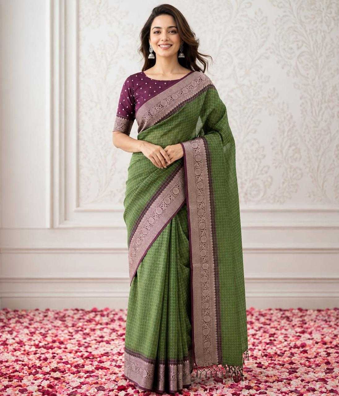 Purple Chex Dola Silk Saree in Green