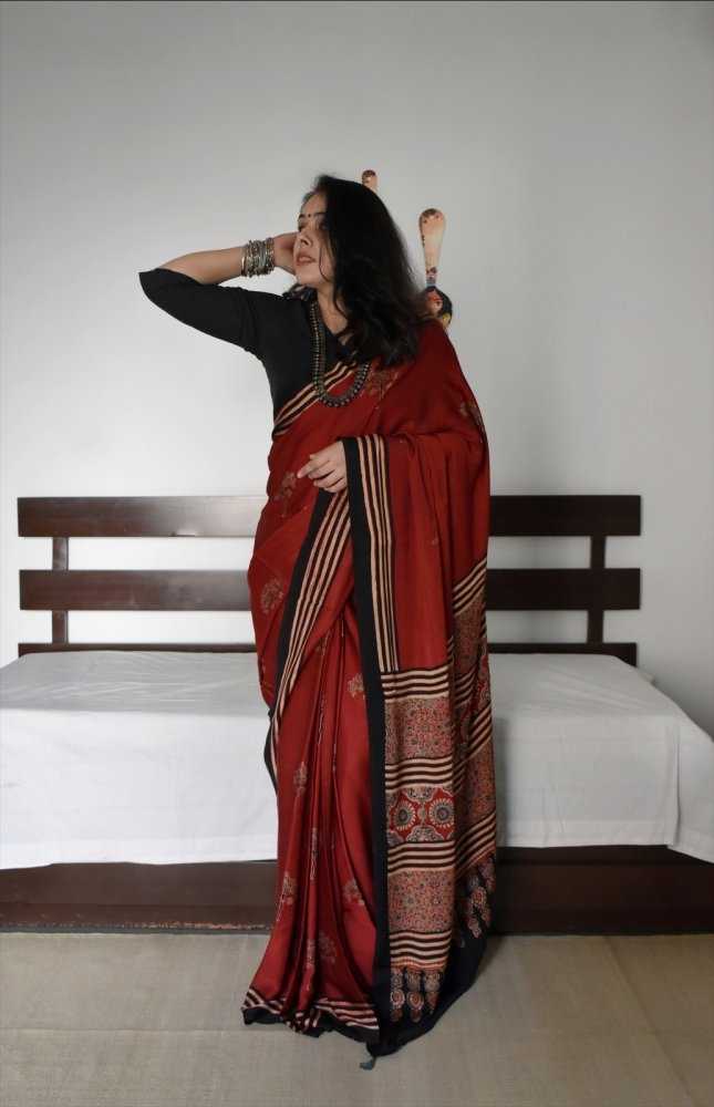 Ajrakh Muslin Silk Soft Saree