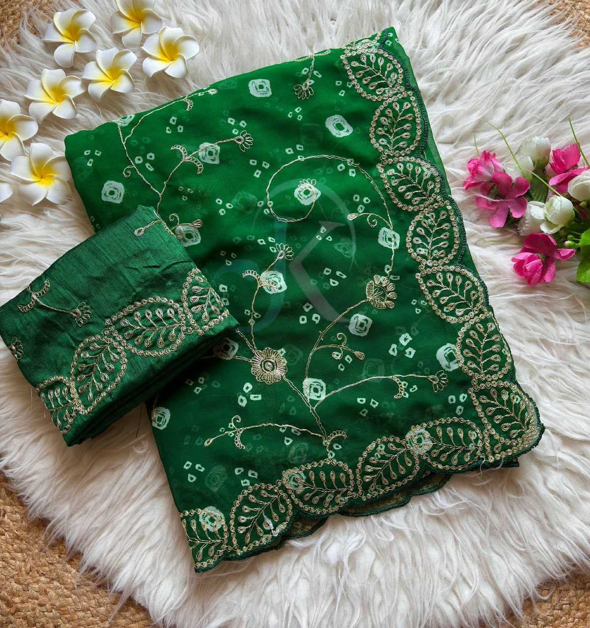 Georgette Saree in Dark Green