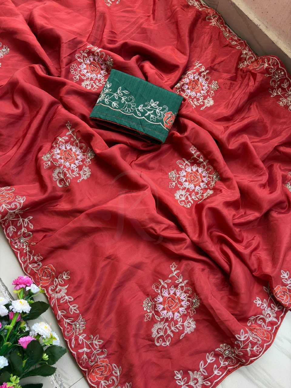 Soft Silk Saree in Rani