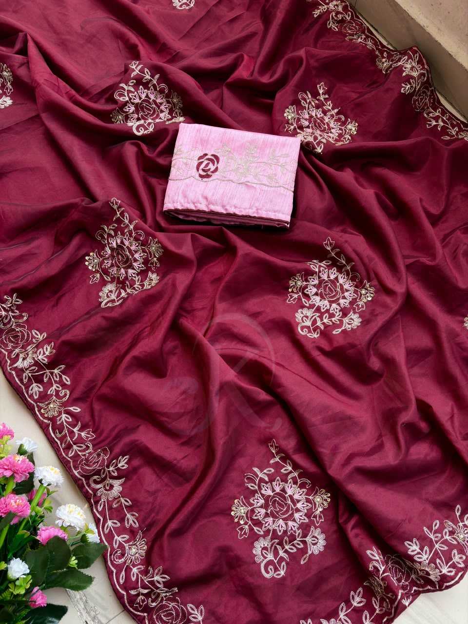 Soft Silk Saree in Rani