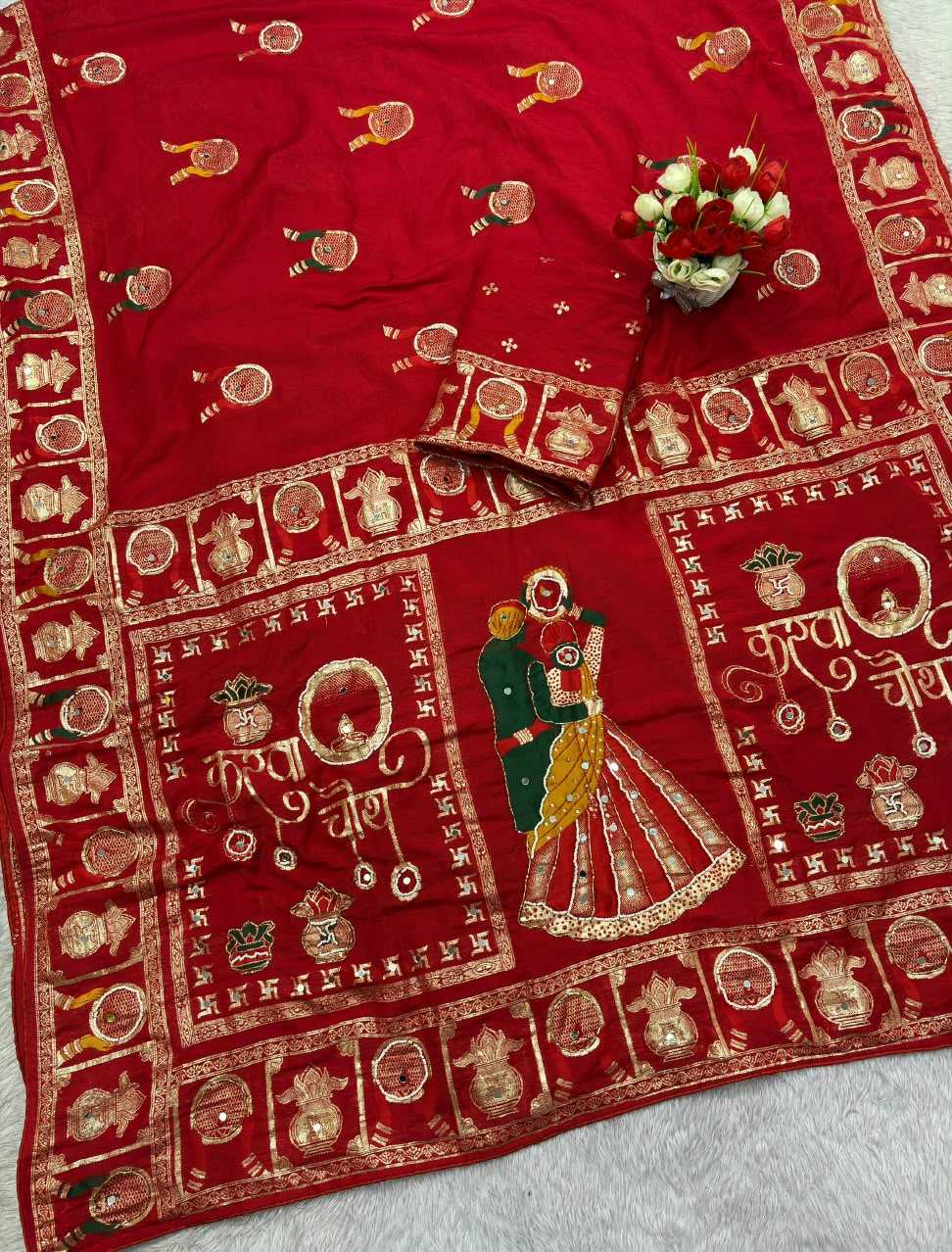 Viscose Hand Work Saree in Red