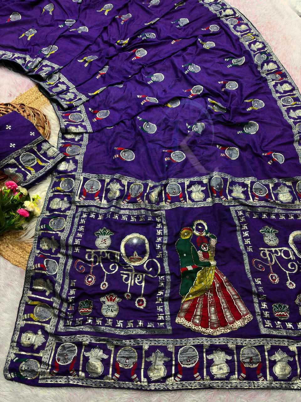 Viscose Hand Work Saree in Rani
