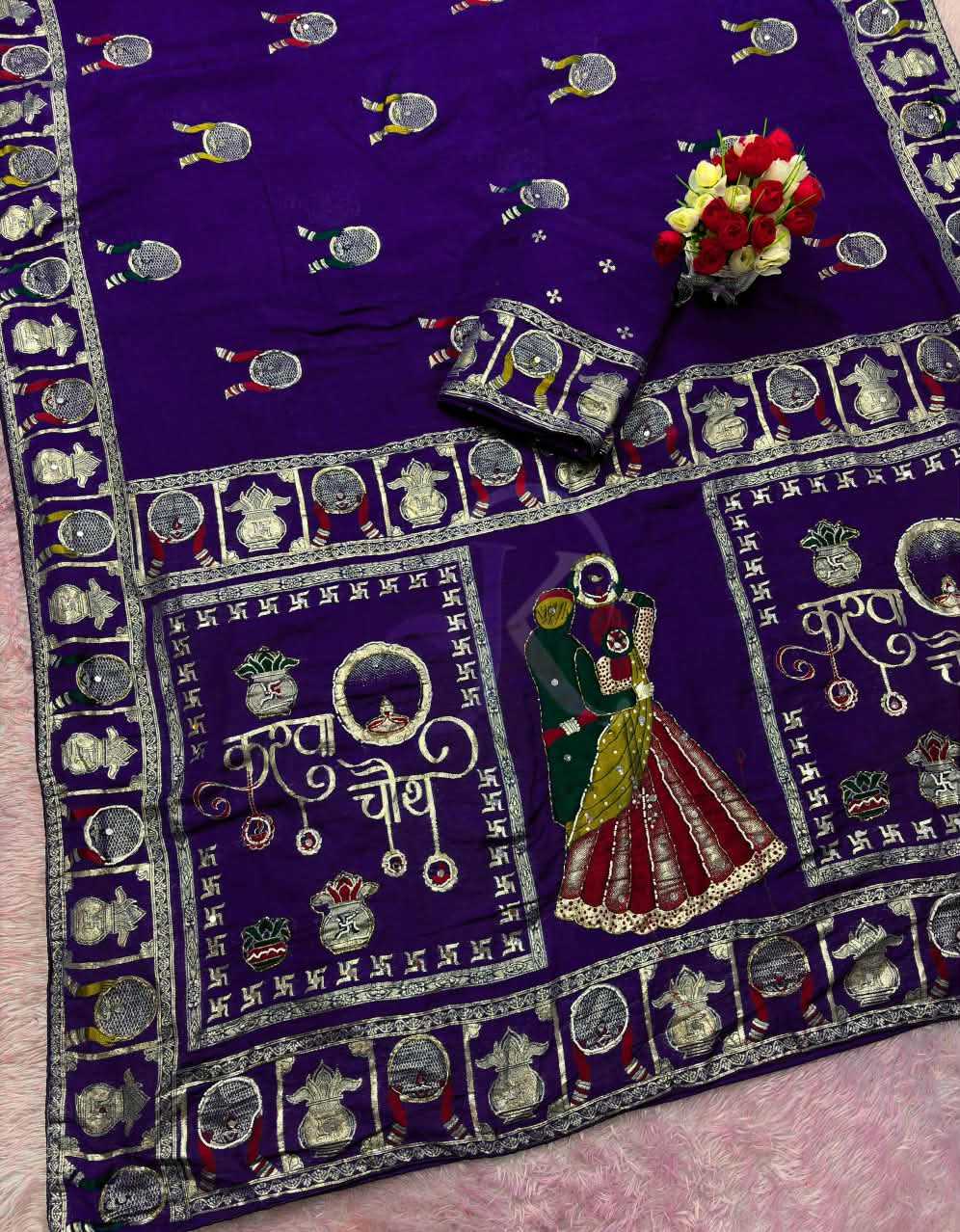 Viscose Hand Work Saree in Rani