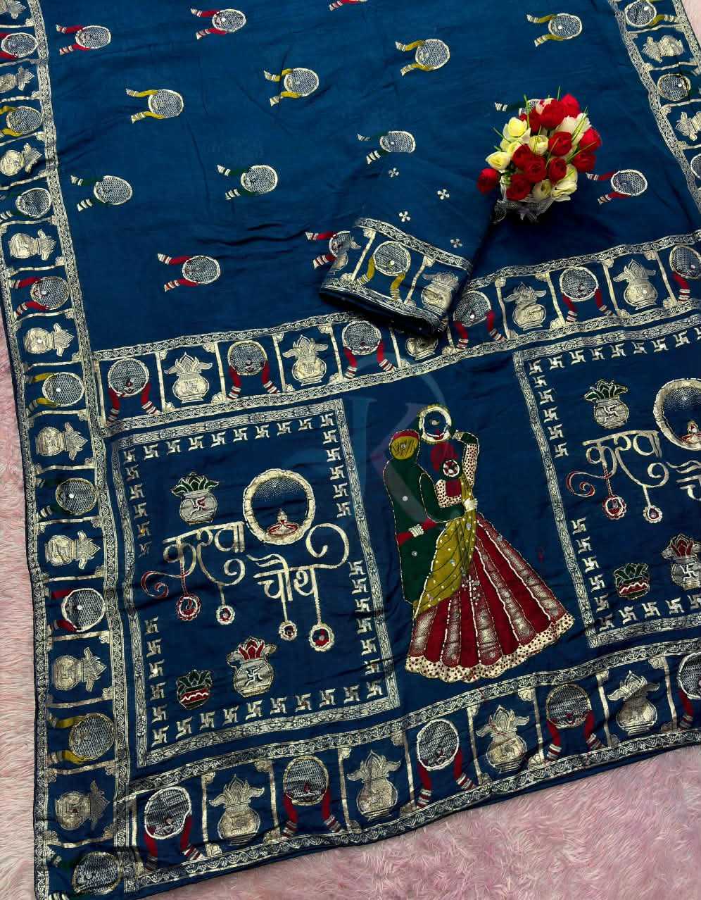 Viscose Hand Work Saree in Rani