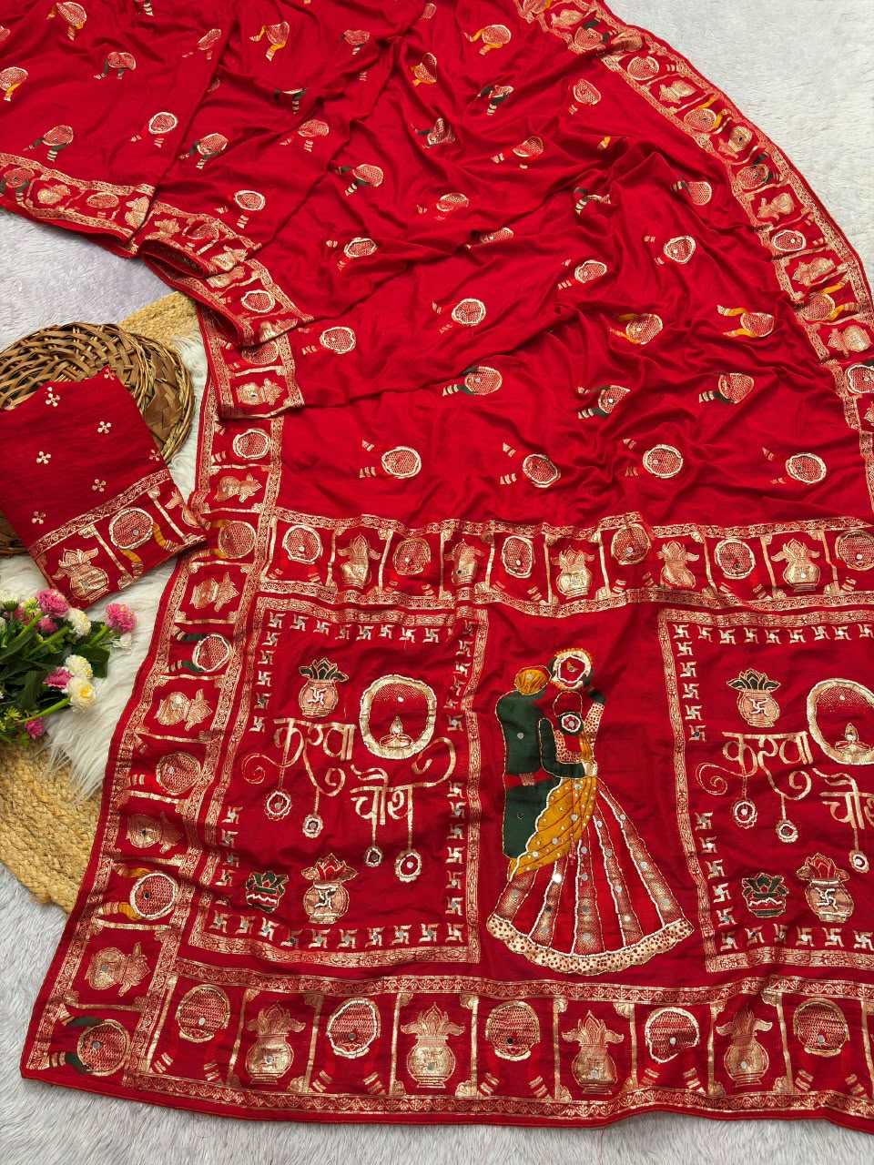 Viscose Hand Work Saree in Red