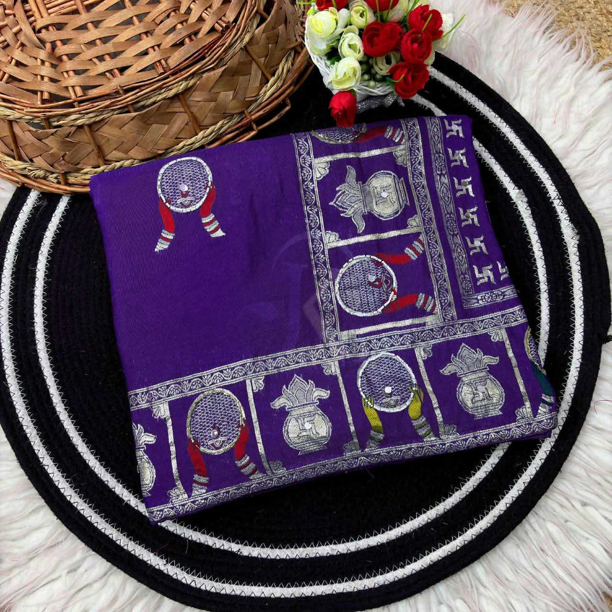 Viscose Hand Work Saree in Rani