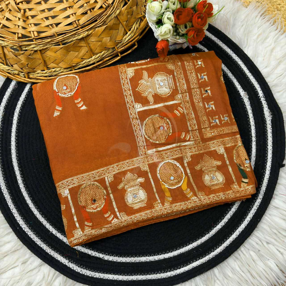 Viscose Hand Work Saree in Rani