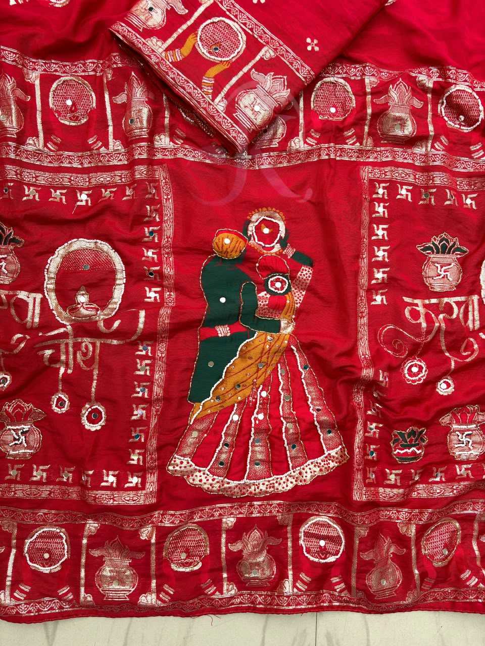 Viscose Hand Work Saree in Rani