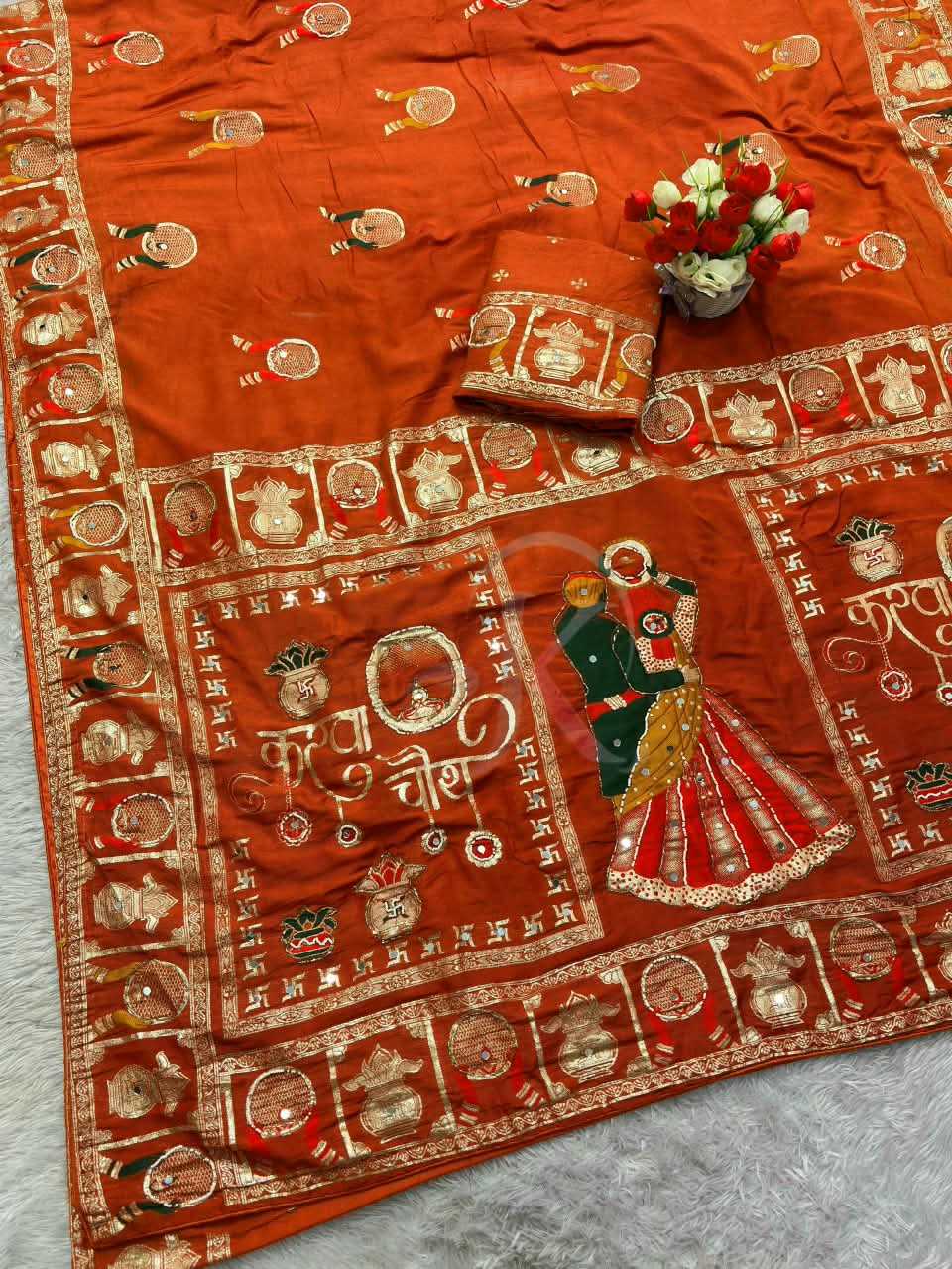 Viscose Hand Work Saree in Rani