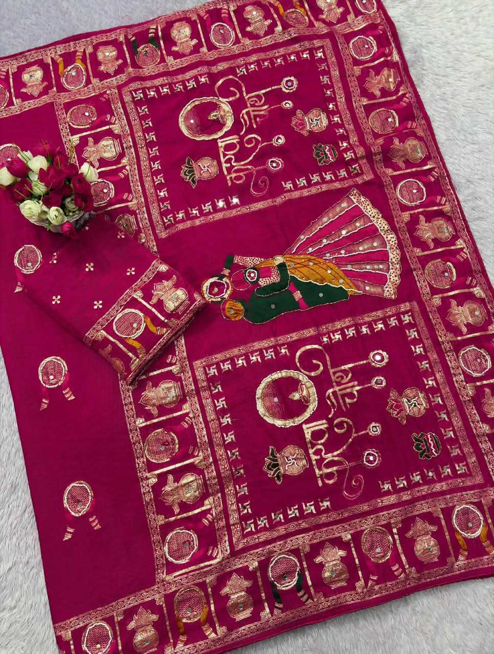 Viscose Hand Work Saree in Red