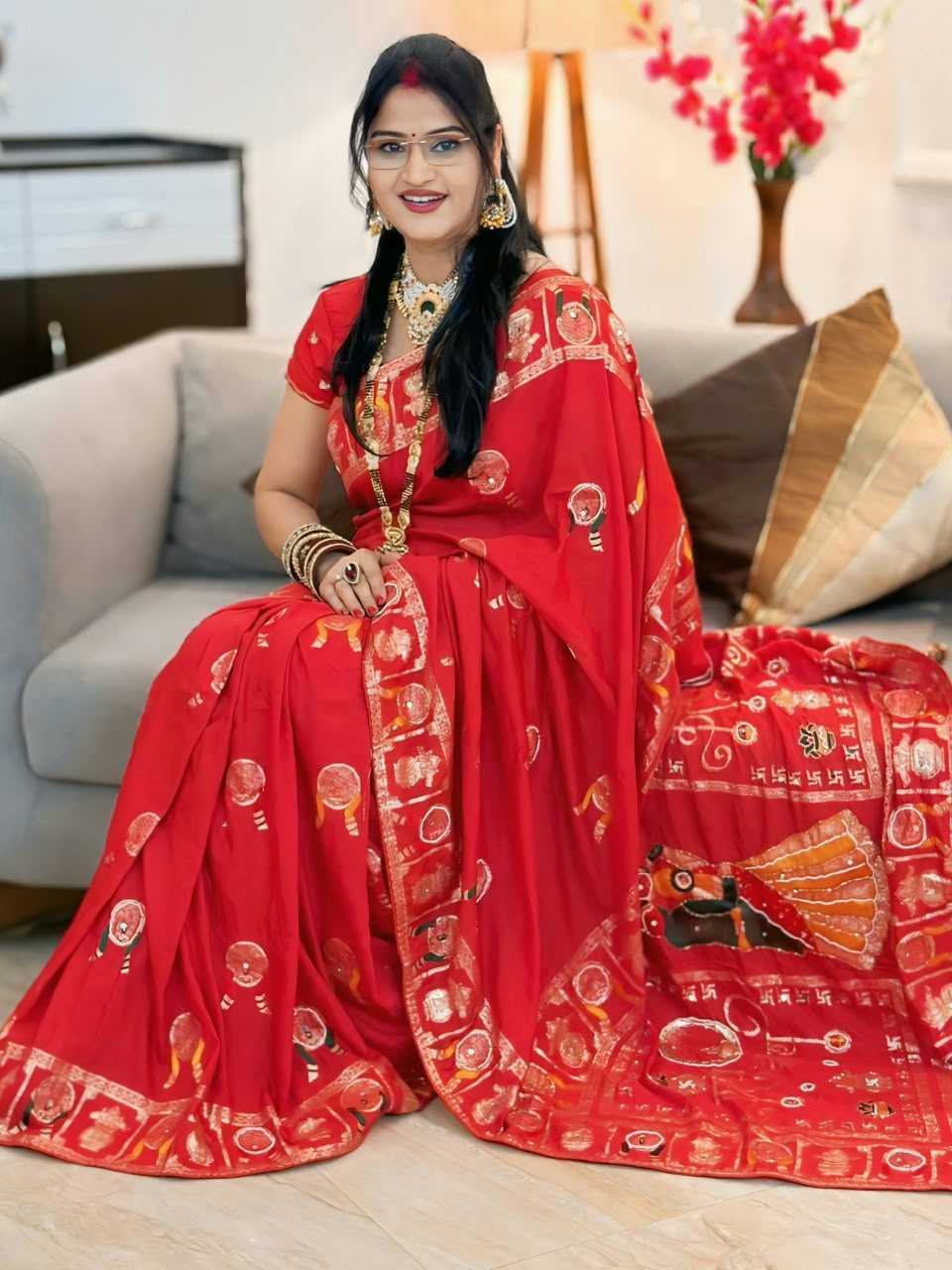 Viscose Mirror Work Saree in Red
