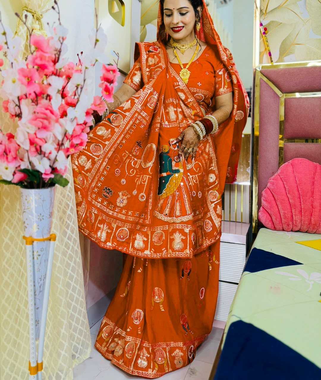 Viscose Mirror Work Saree in Morpich