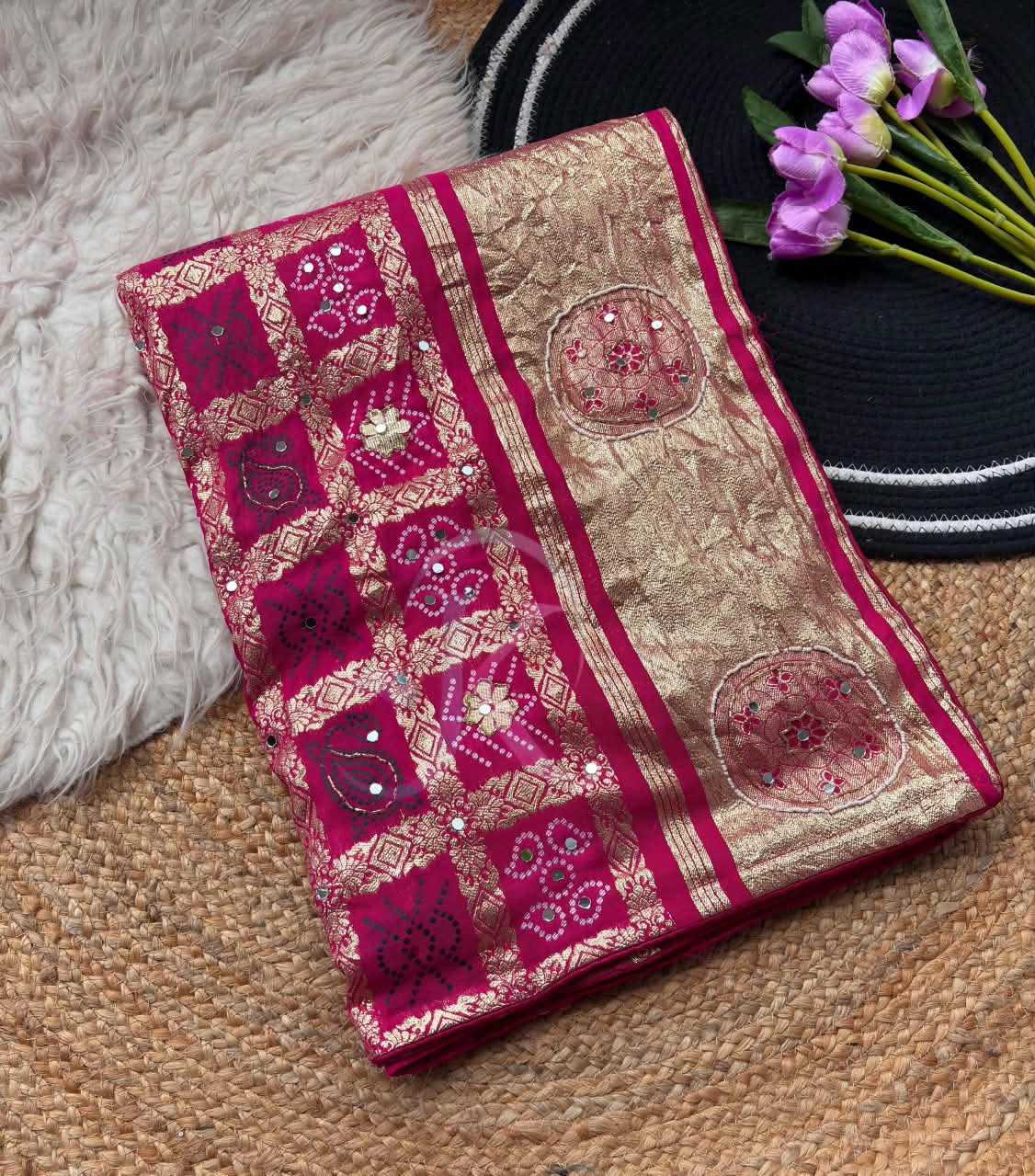 Viscose Designer Saree in Rani