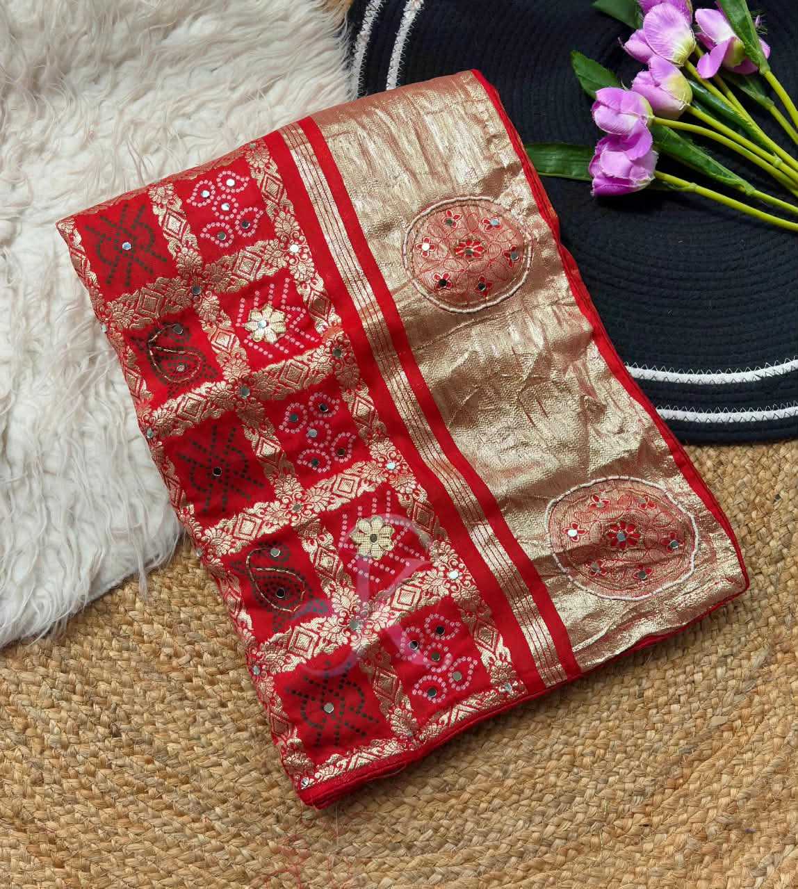 Viscose Designer Saree in Rani