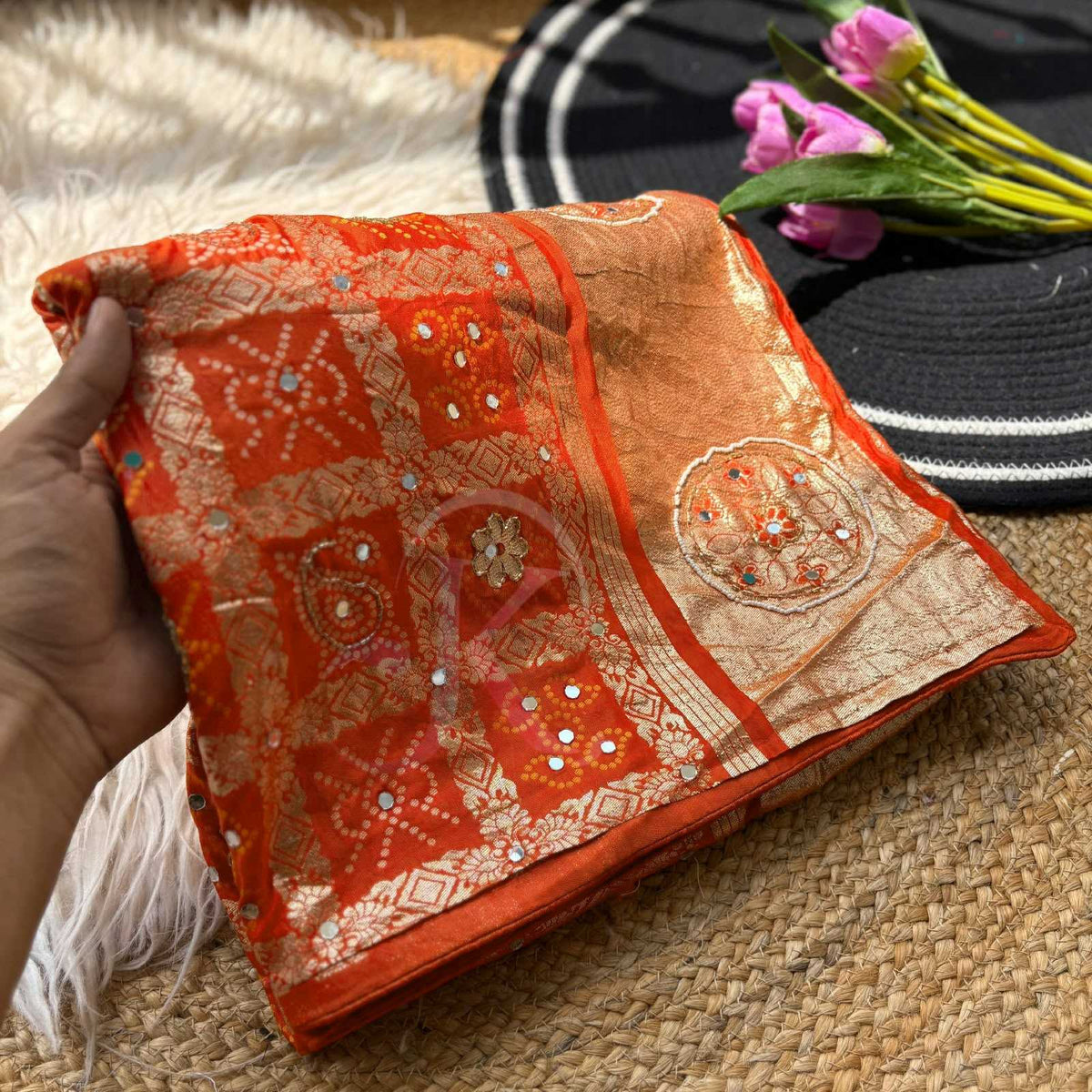 Viscose Hand Work Saree in Orange