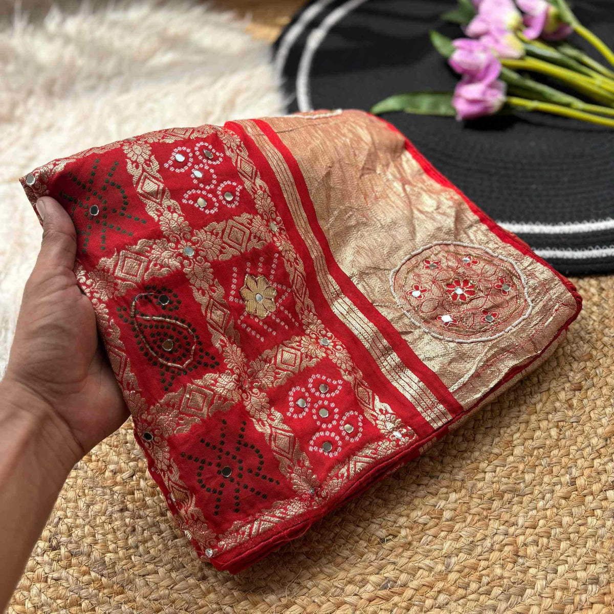 Viscose Hand Work Saree in Orange