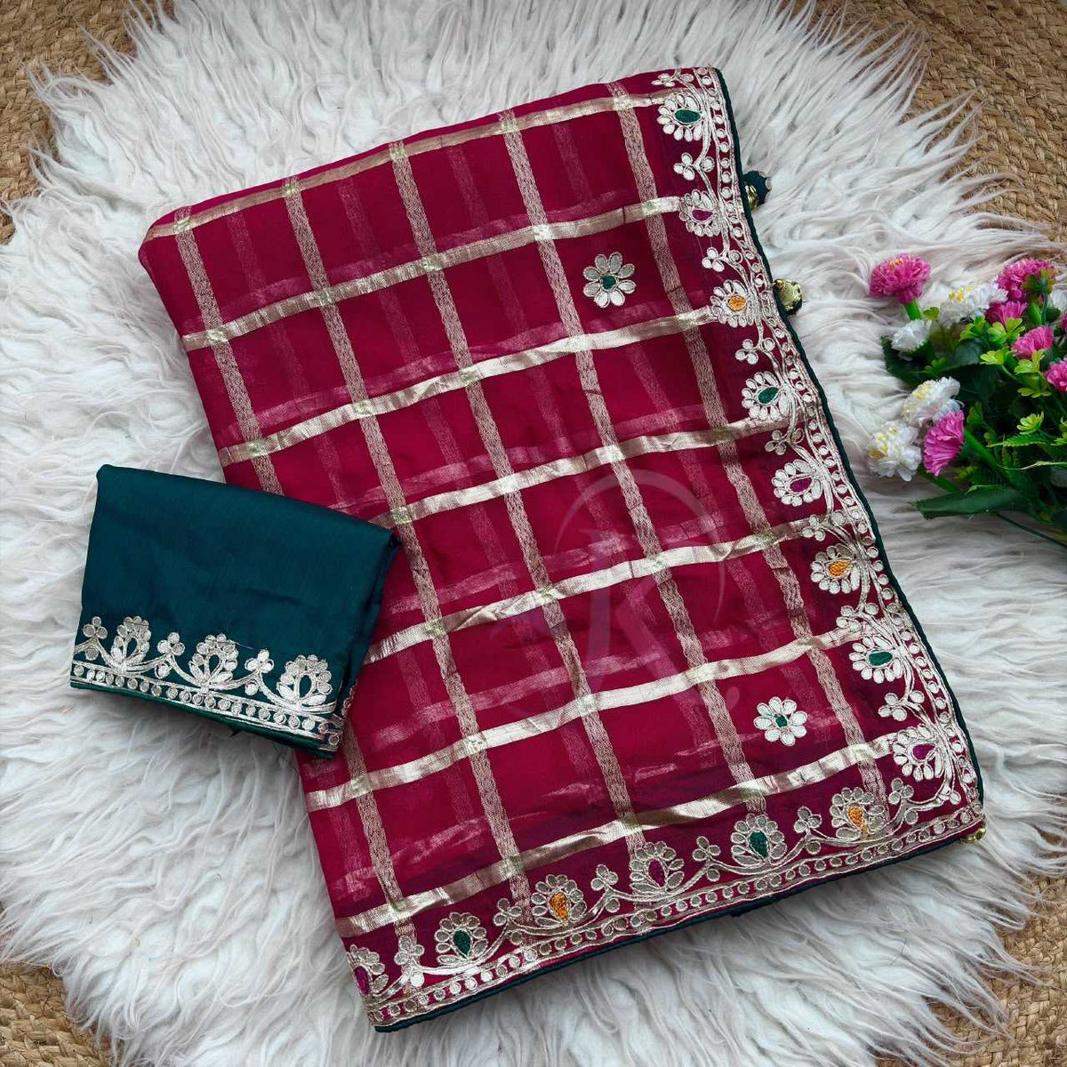 Viscose Georgette Saree in Rani