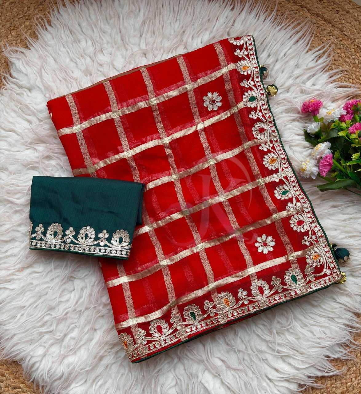 Viscose Georgette Saree in Rani