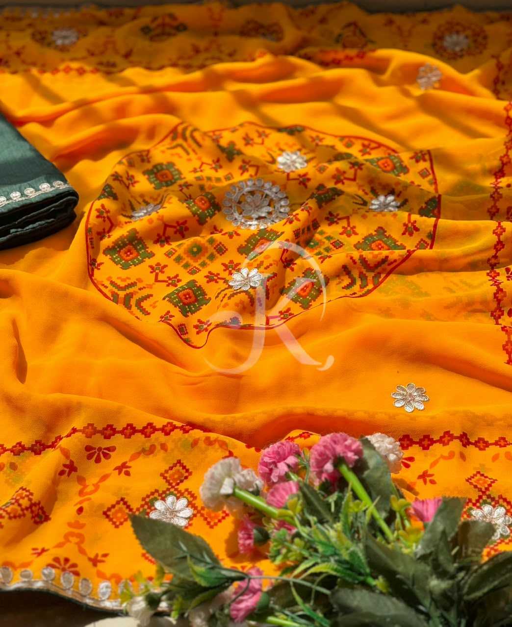 Premium Georgette Printed Saree in Dark Green