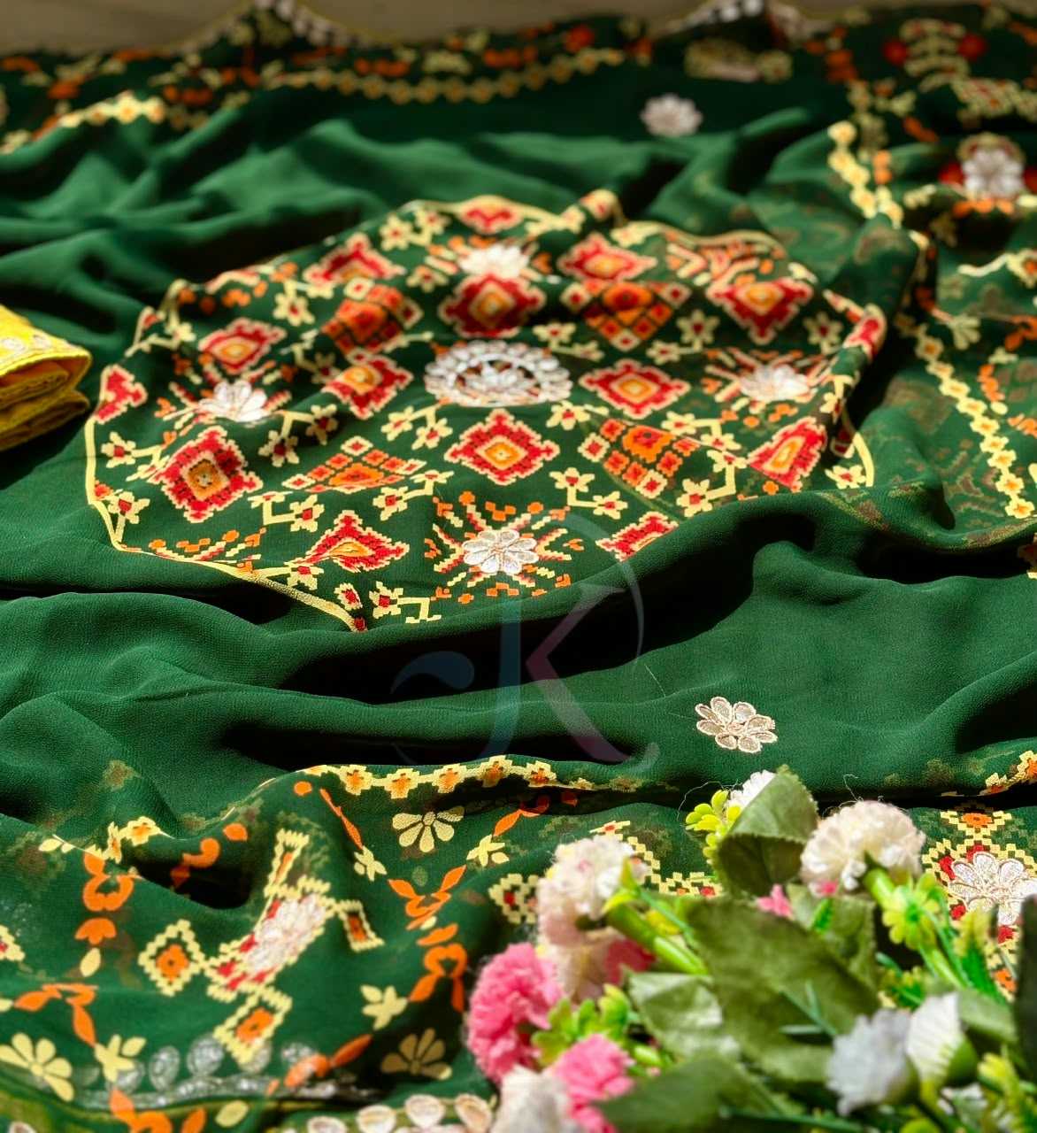 Premium Georgette Printed Saree in Dark Green