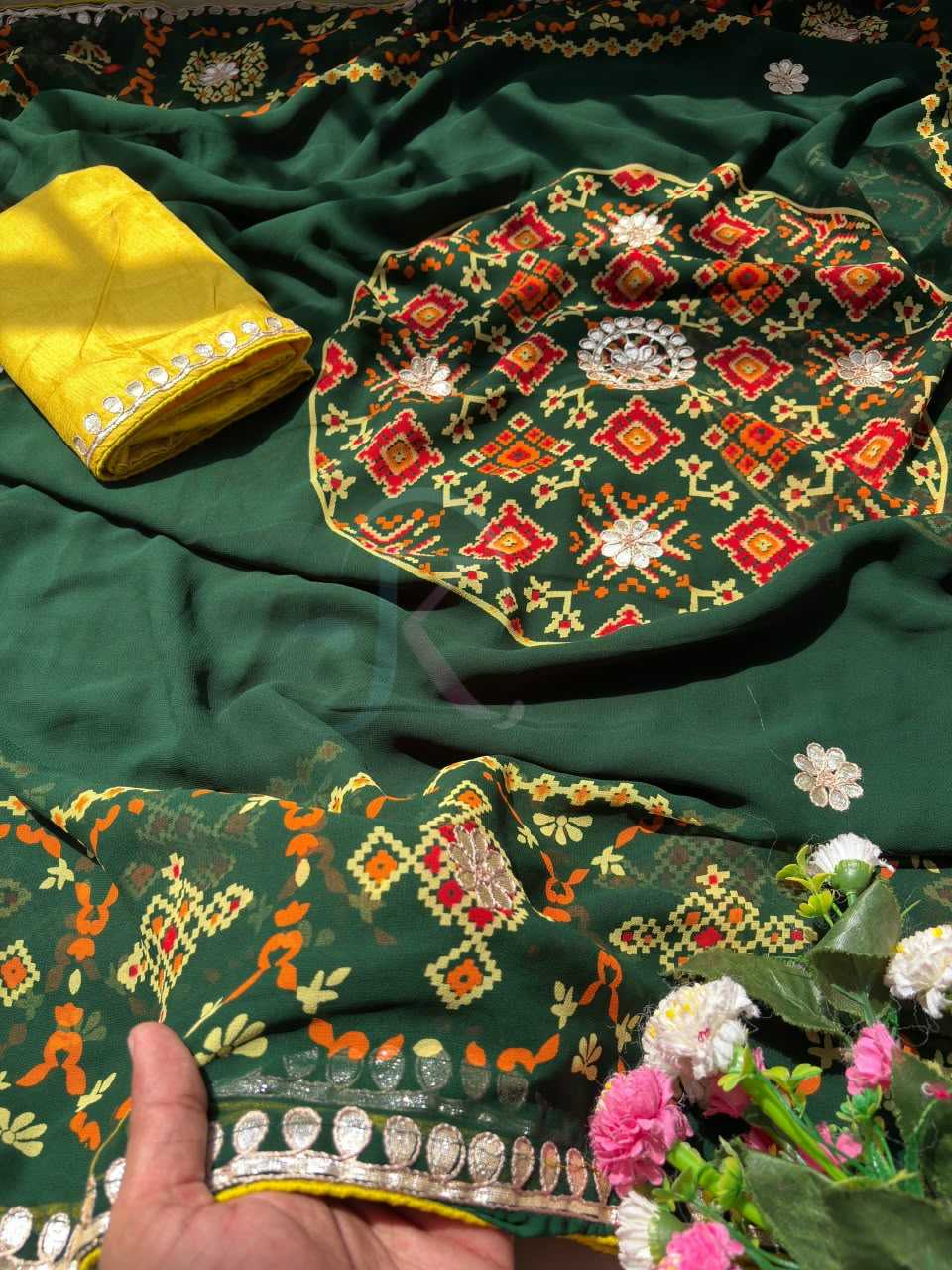 Premium Georgette Printed Saree in Dark Green