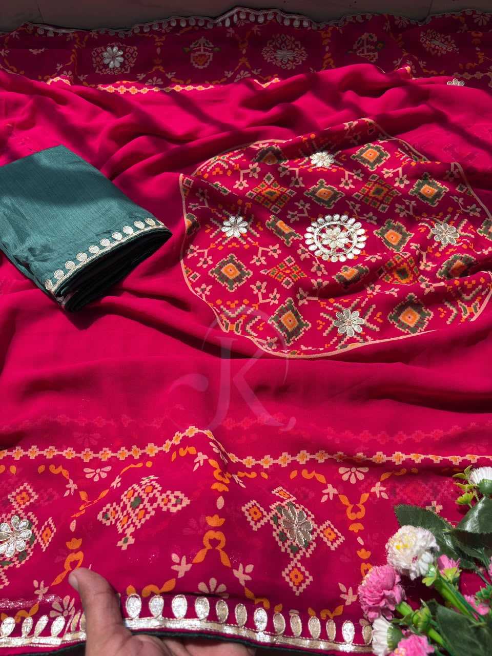 Premium Georgette Printed Saree in Dark Green