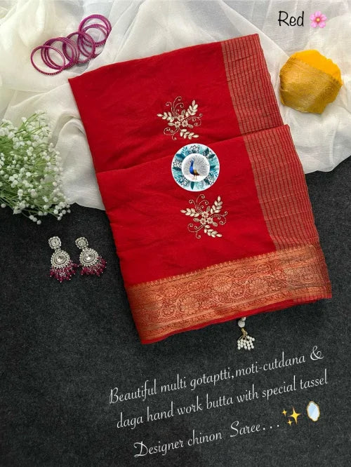 Chinon Designer Saree in Red